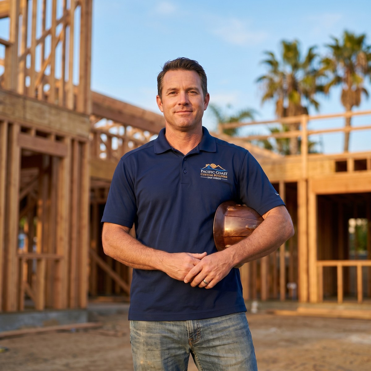 San Diego construction company business owner on jobsite, branded polo, hard hat under arm, custom home framing in background. Mr Eddie Flores videography client.