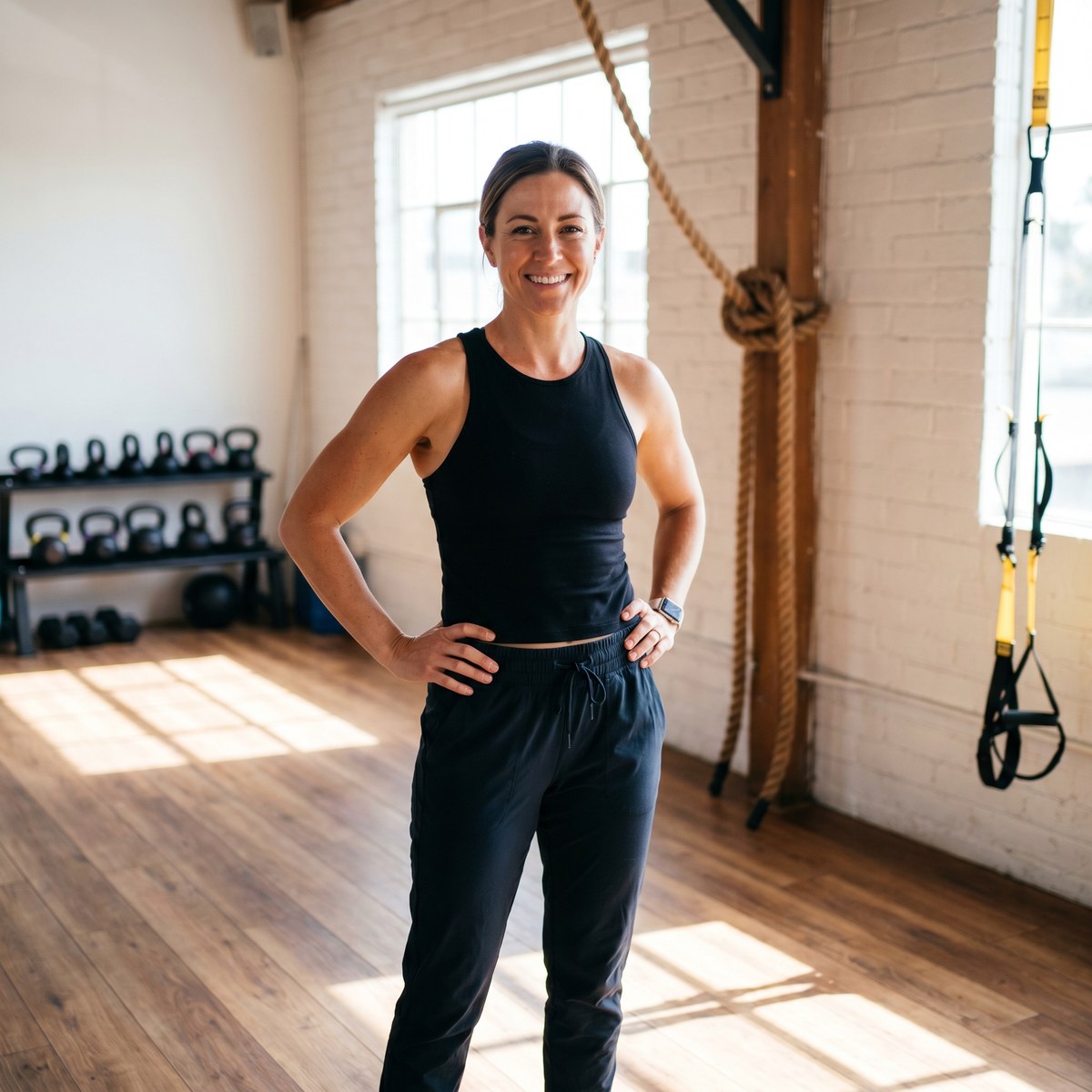 San Diego boutique fitness studio owner in front of kettlebells, climbing rope, and TRX straps. Mr Eddie Flores videography client.