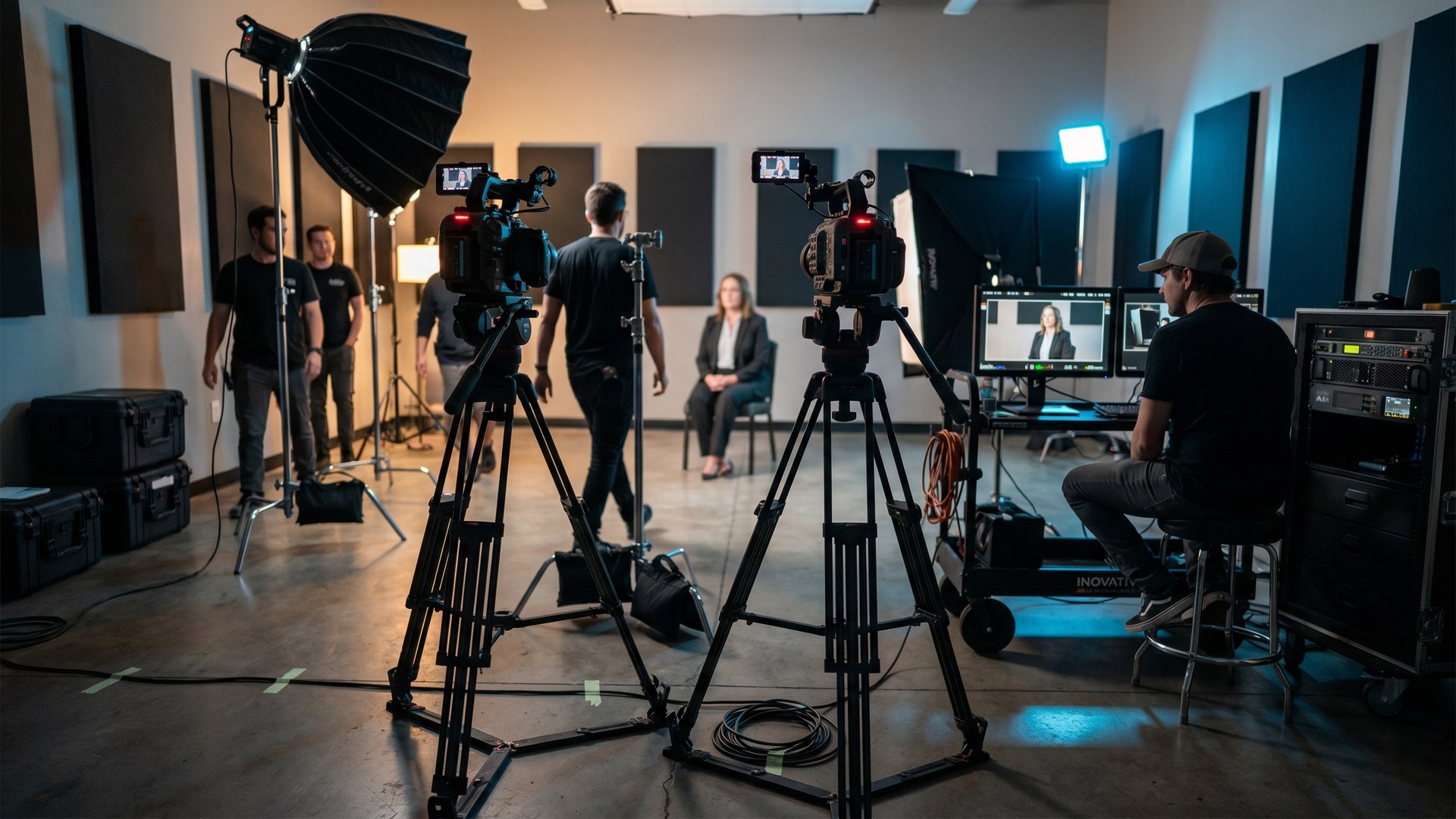 Full-day multi-camera San Diego video production set. Two cinema cameras on tripods, full lighting kit, Inovativ cart, sound-treated studio.