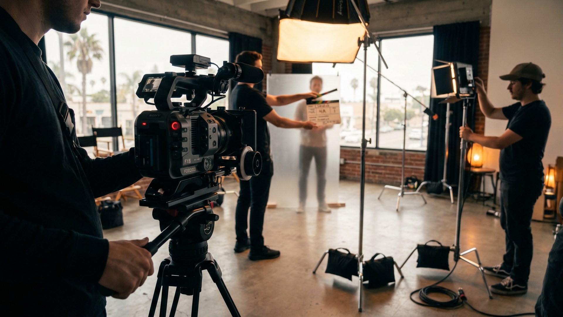 Behind-the-scenes of a half-day San Diego videography shoot. Sony FX6 cinema camera, slate operator, gaffer adjusting fill light. Palm trees through window.