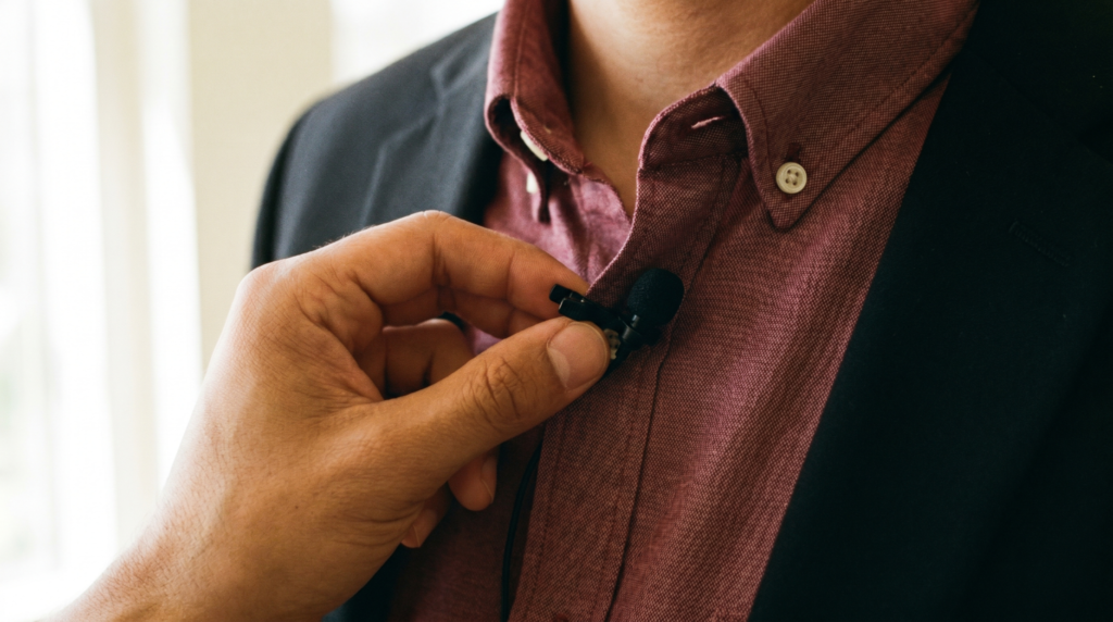 Person attaching a lapel microphone to a burgundy shirt collar during a professional business videography session