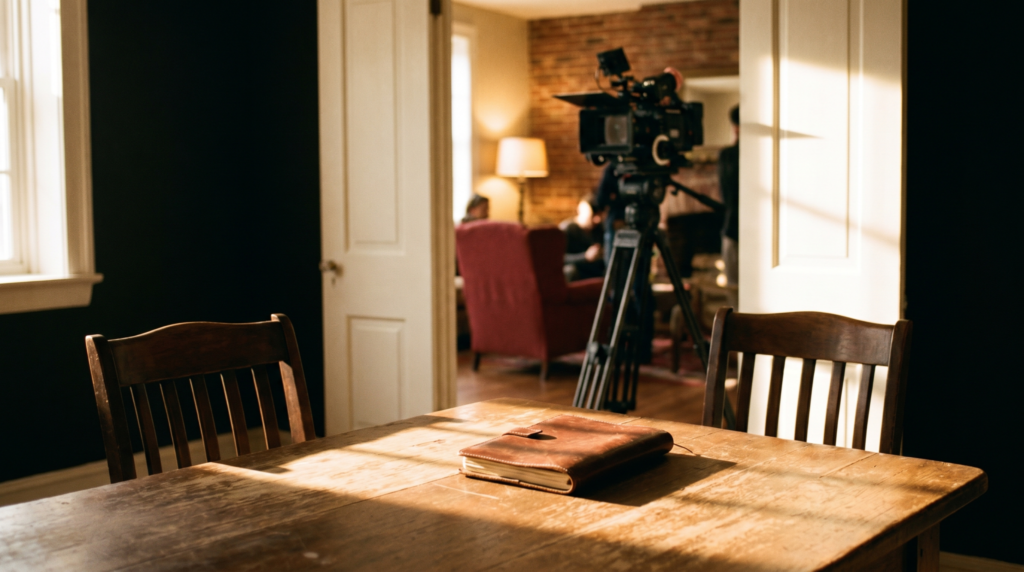 Professional videography studio setup with cinema camera on tripod, wooden table with notebook, and warm lighting in San Diego video production space