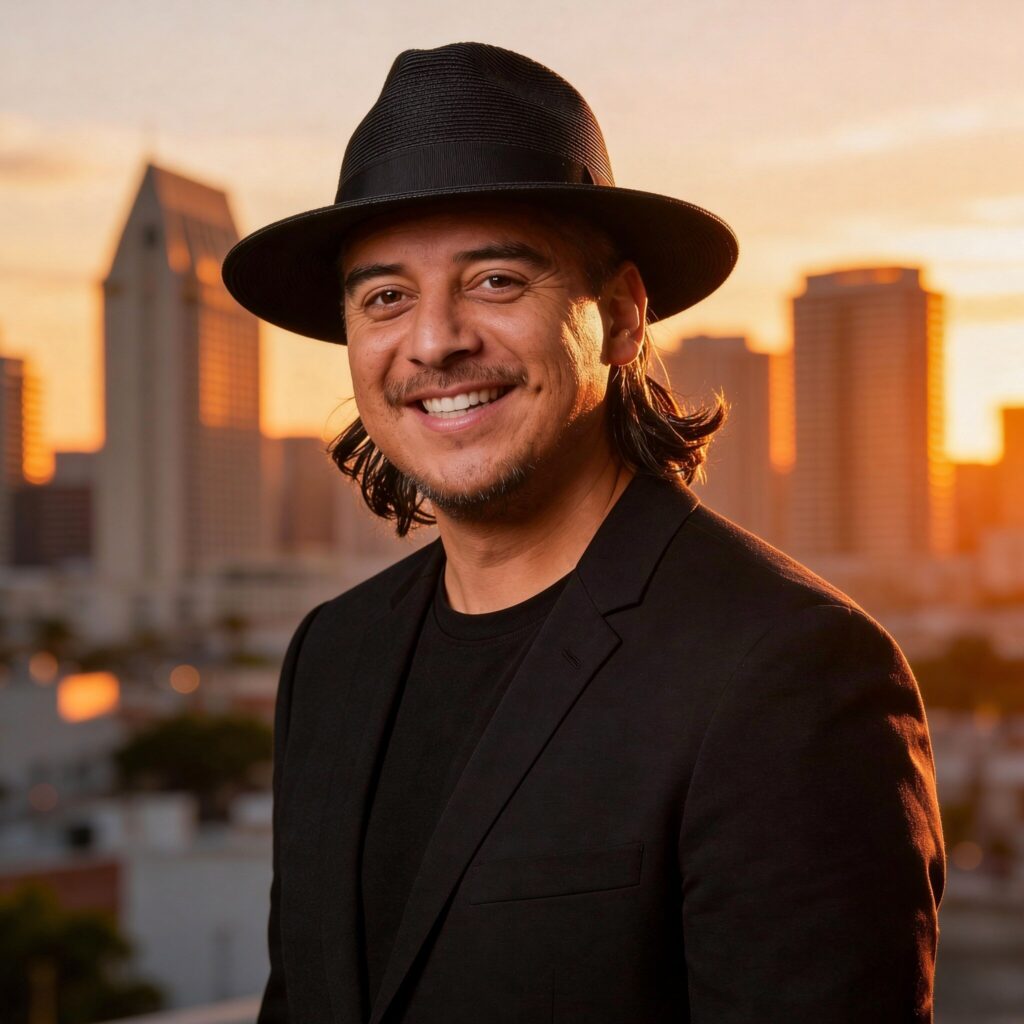 Eddie Flores, San Diego story-first videographer, smiling at sunset with city skyline background wearing black blazer and hat