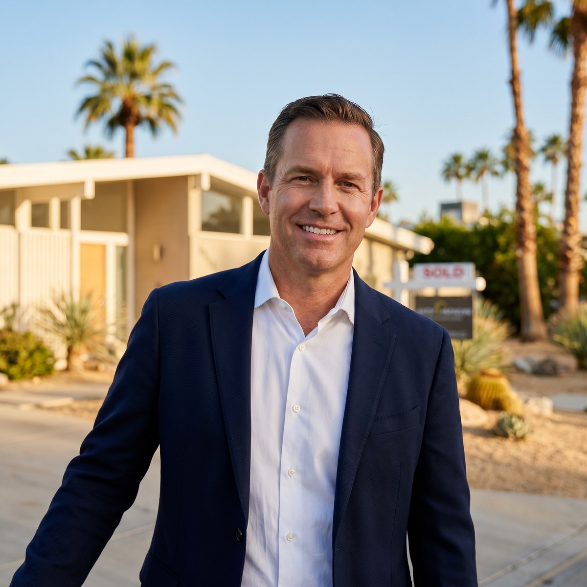 San Diego real estate agent in front of a mid-century modern home with palm trees, SOLD sign visible. Mr Eddie Flores videography client.