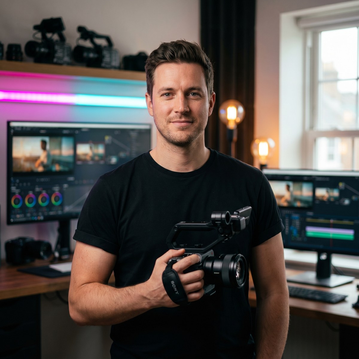 San Diego video production agency owner with a cinema camera in his editing bay, magenta strip lighting, color-corrected timeline on monitors. Mr Eddie Flores videography client.