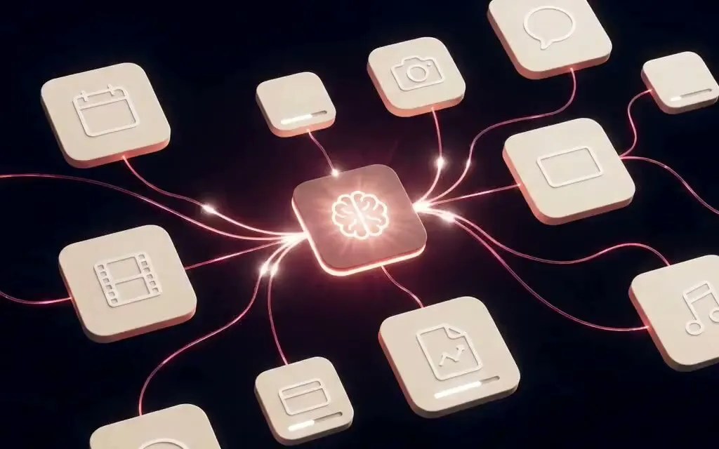 Illustration: a map of apps wired to one AI brain