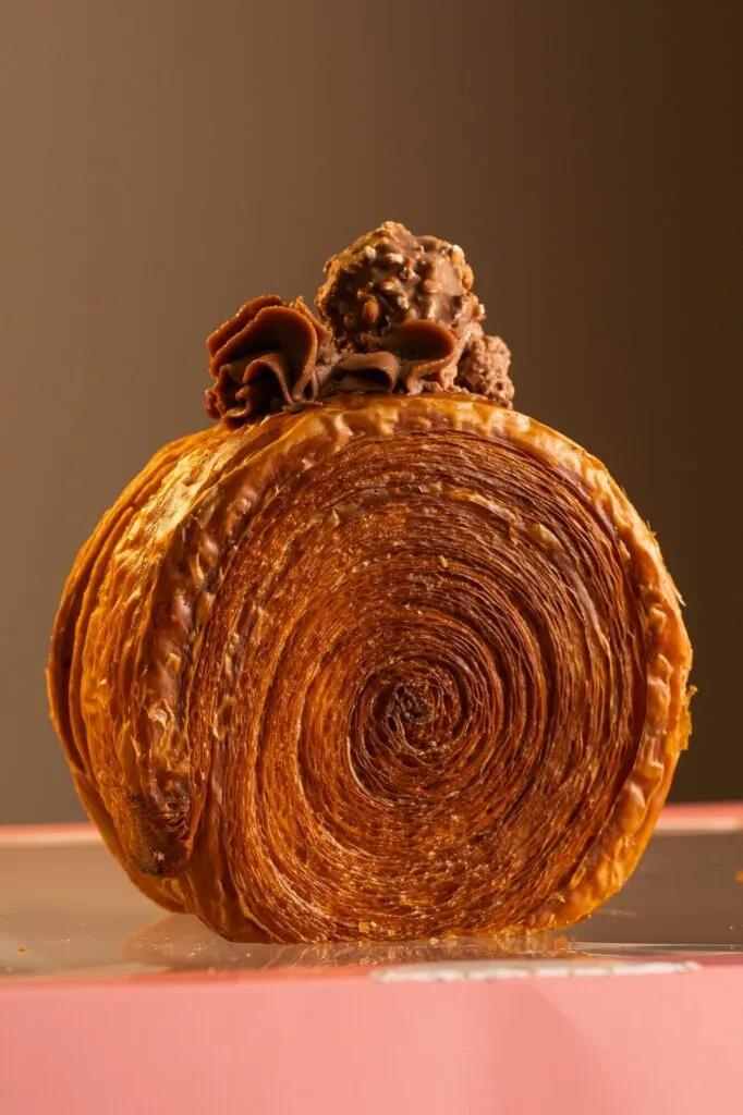 Spiral croissant topped with chocolate curls from a La Jolla bakery