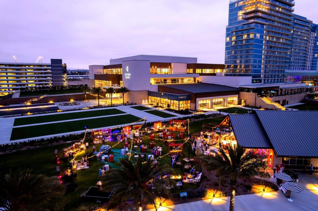 The Gaylord Pacific Resort in Chula Vista at dusk, lit up for the Marzul grand opening