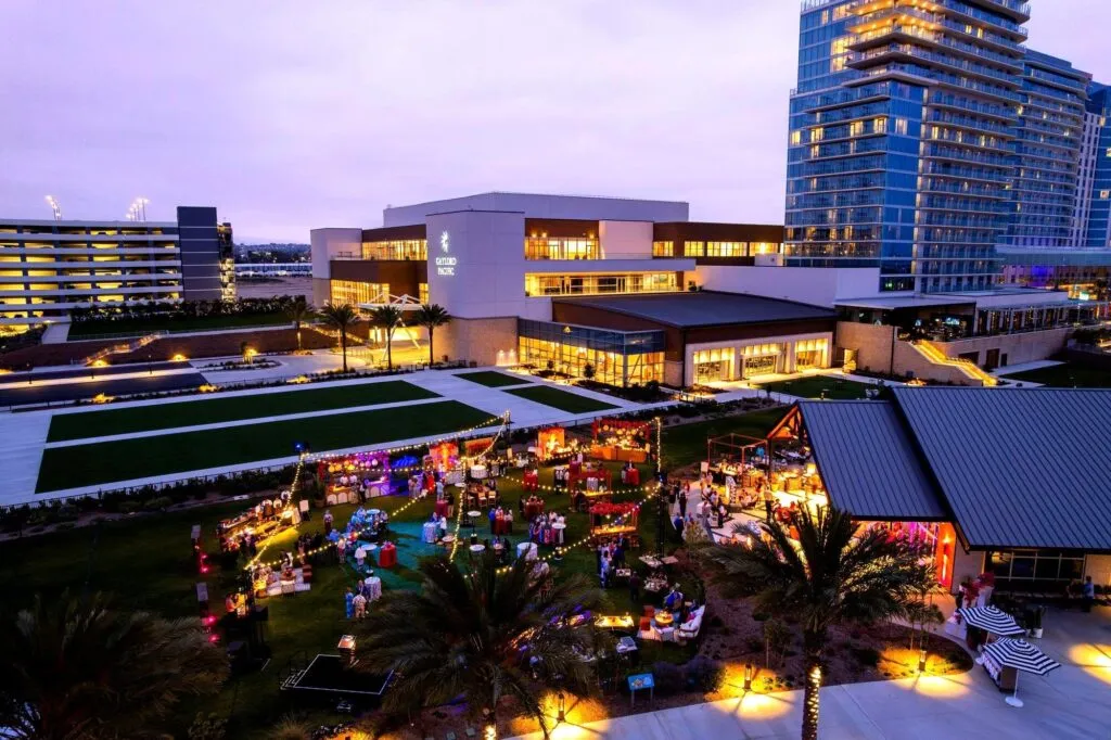 The Gaylord Pacific Resort in Chula Vista at dusk, lit up for the Marzul grand opening