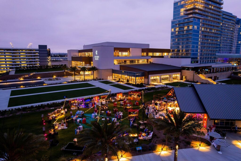 The Gaylord Pacific Resort in Chula Vista at dusk, lit up for the Marzul grand opening