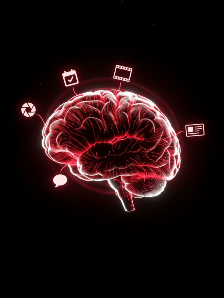 Illustration of a brain made of red light threads, representing the AI system Eddie Flores built.