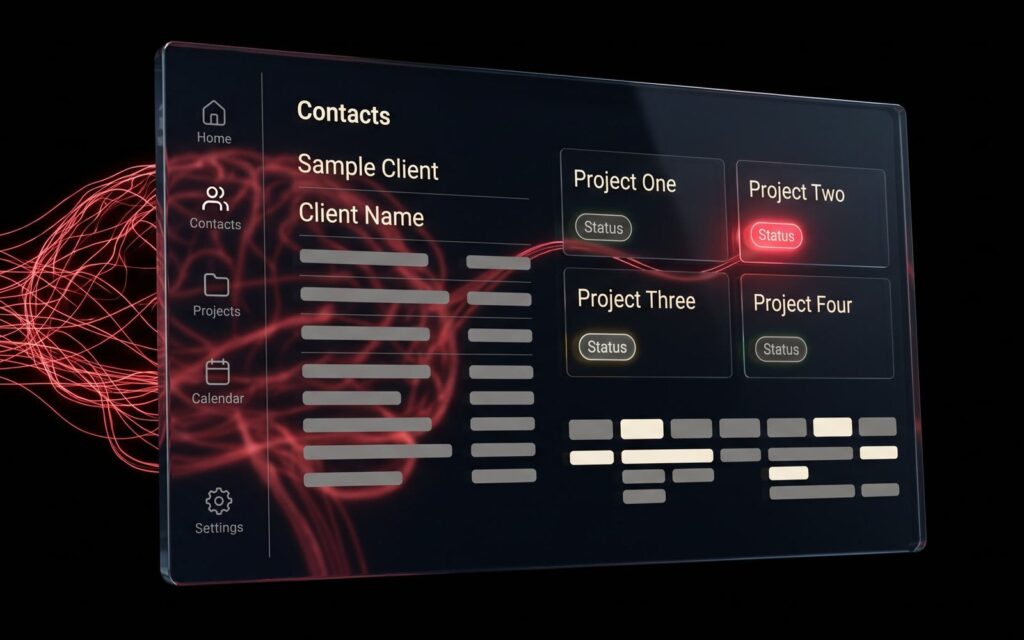 Illustration: a CRM screen with placeholder contacts and projects