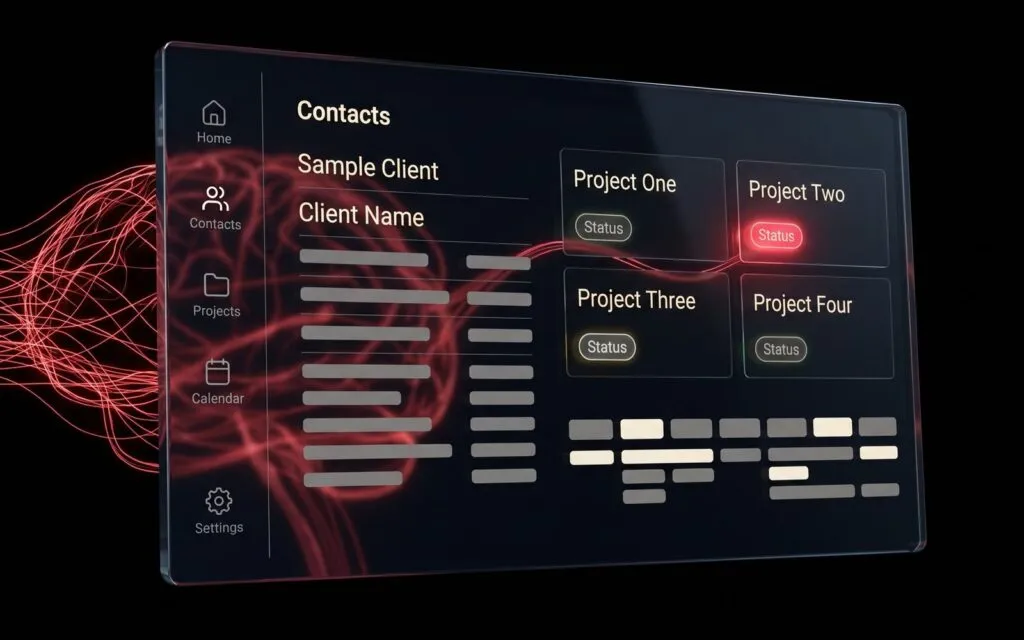 Illustration: a CRM screen with placeholder contacts and projects