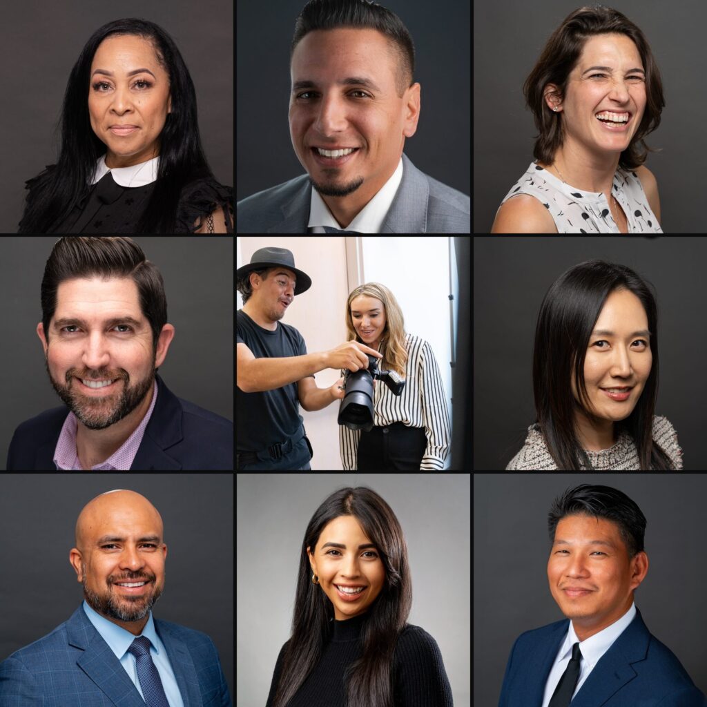A wall of nine real business headshots by Eddie Flores, with Eddie at the center showing a client the back of his camera