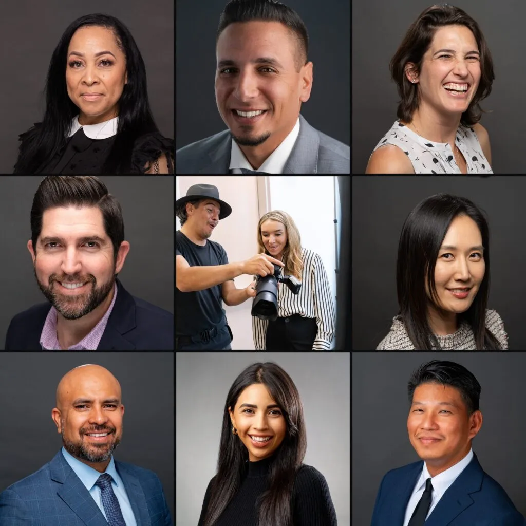 A wall of nine real business headshots by Eddie Flores, with Eddie at the center showing a client the back of his camera