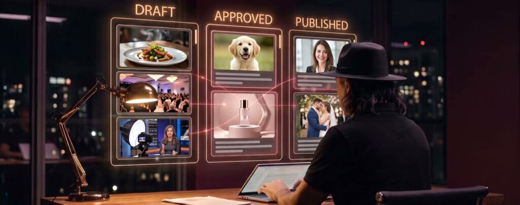 Illustration: Eddie Flores in his black hat working after hours, with a glowing board of drafts, approved and published posts in front of him