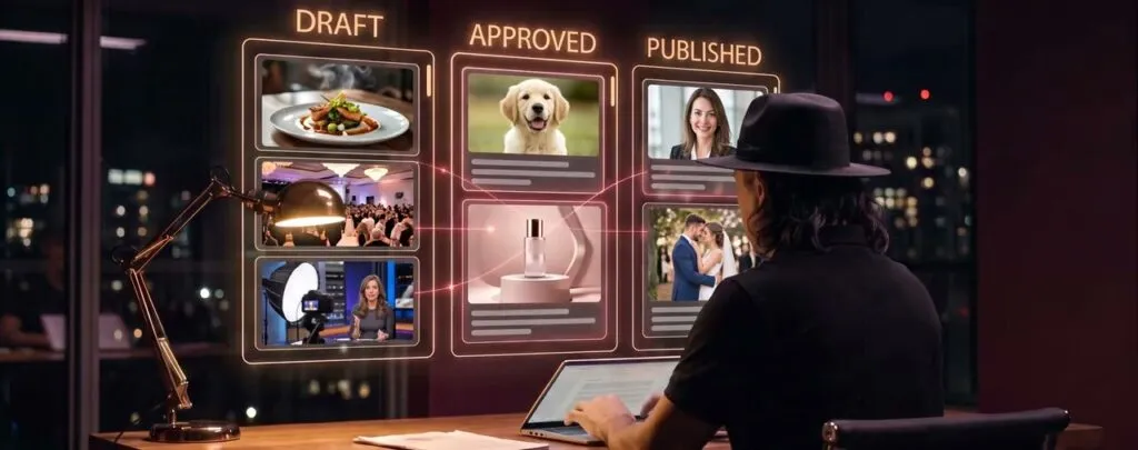 Illustration: Eddie Flores in his black hat working after hours, with a glowing board of drafts, approved and published posts in front of him