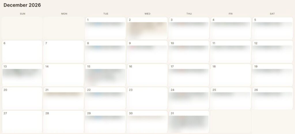 Eddie's December 2026 booking calendar in the CRM he built, with every entry blurred for privacy