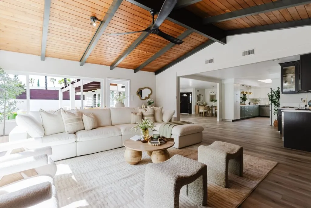 Bright living room with a vaulted wood ceiling in a La Mesa listing