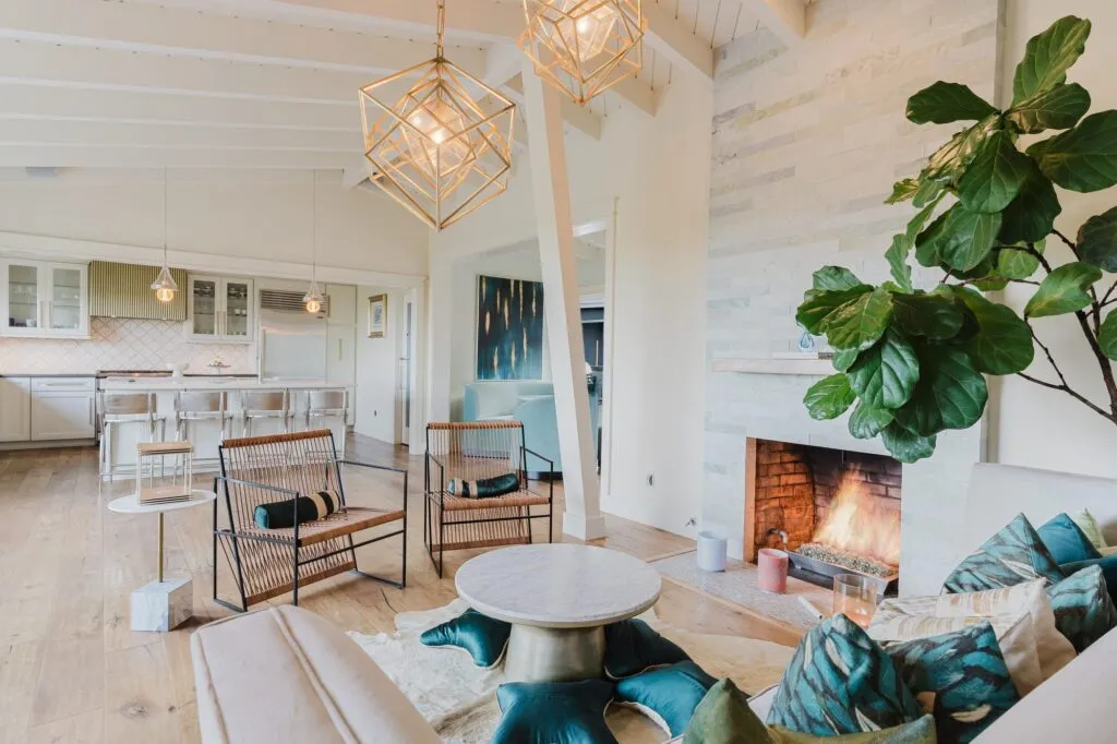 Bright living room with a fireplace in a Peerspace home in Point Loma