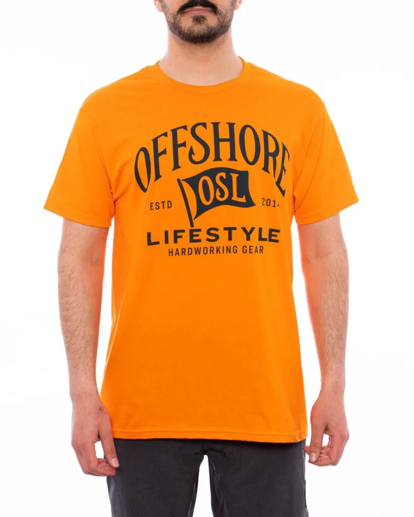 Orange Offshore Lifestyle t-shirt on a model, clean white background