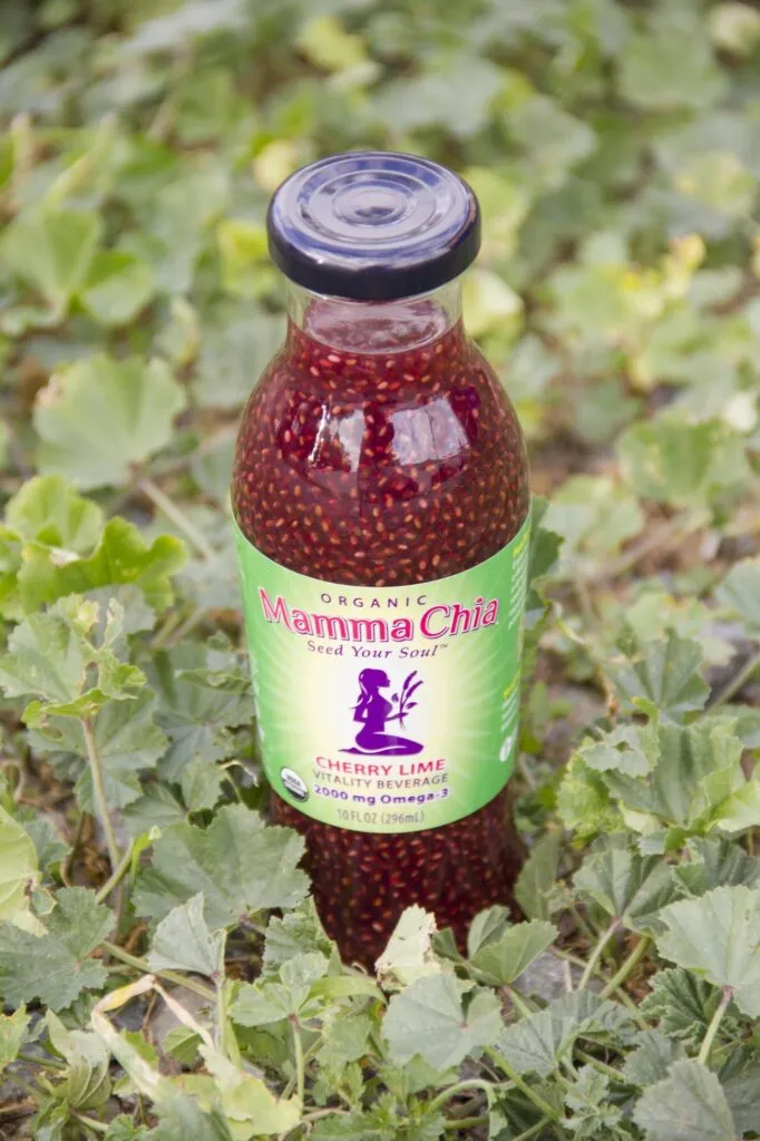 Mamma Chia cherry lime drink standing in the garden
