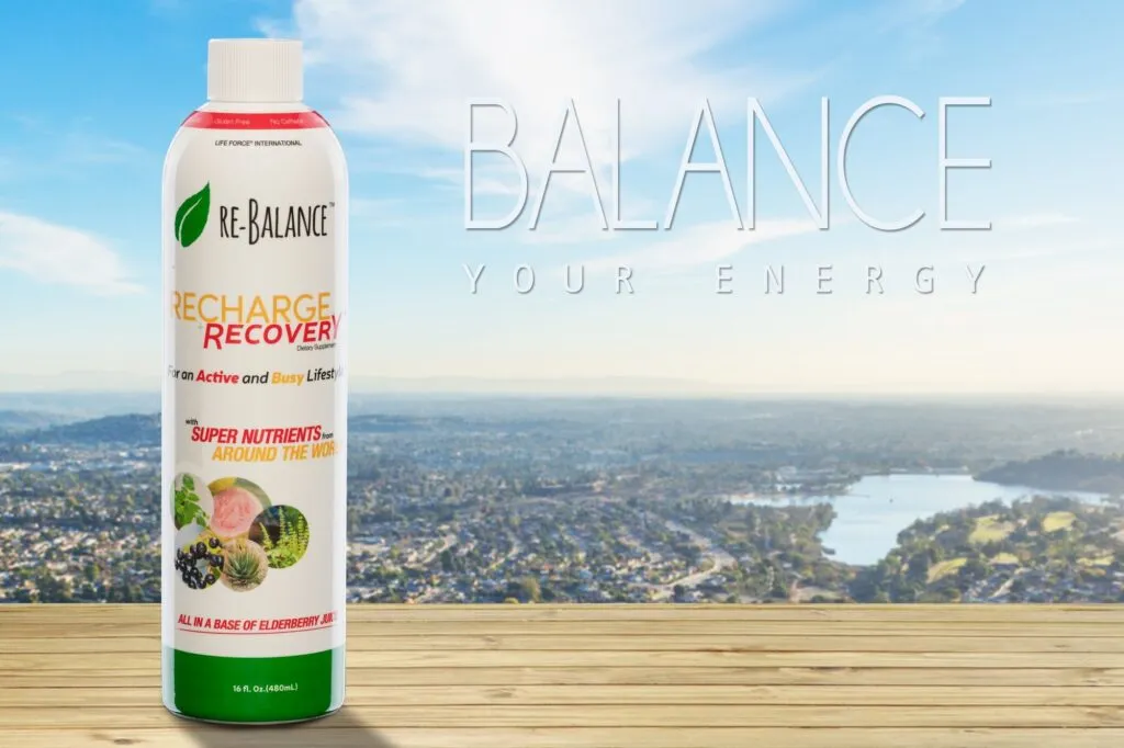 Life Force Re-Balance bottle in a finished ad set against a city and lake view