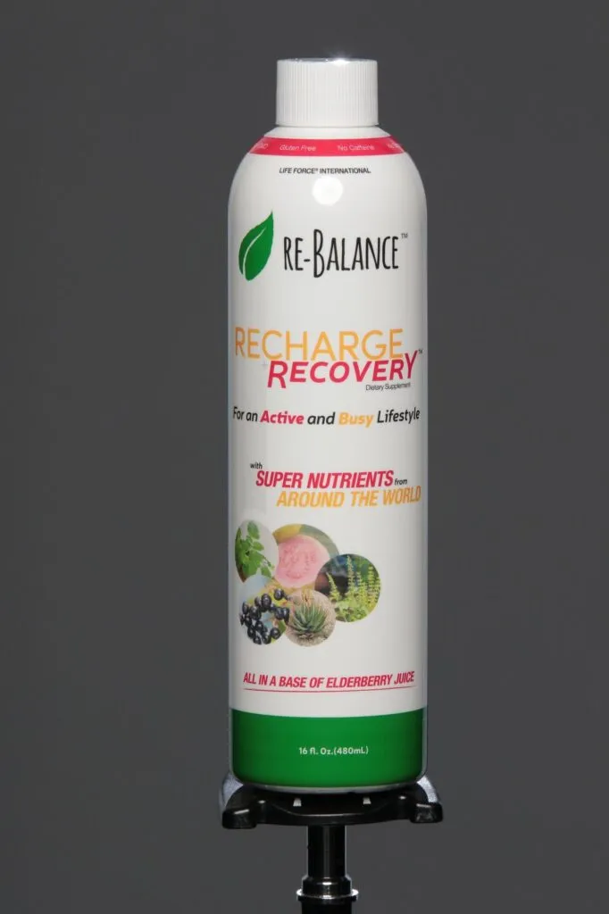 Life Force Re-Balance Recharge Recovery bottle in the studio