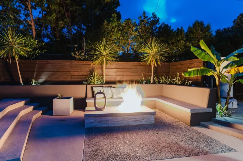 Fire pit patio at dusk at a Point Loma rental home