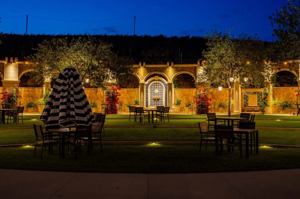 Winery courtyard in Temecula with landscape lighting after dark