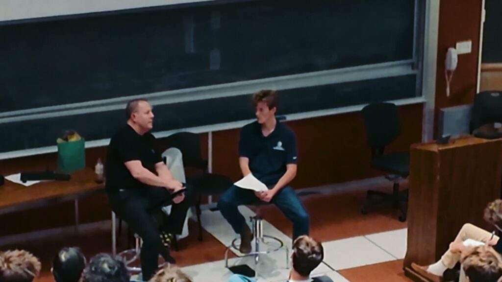 Drew Louis in conversation on stage at Cal Poly San Luis Obispo