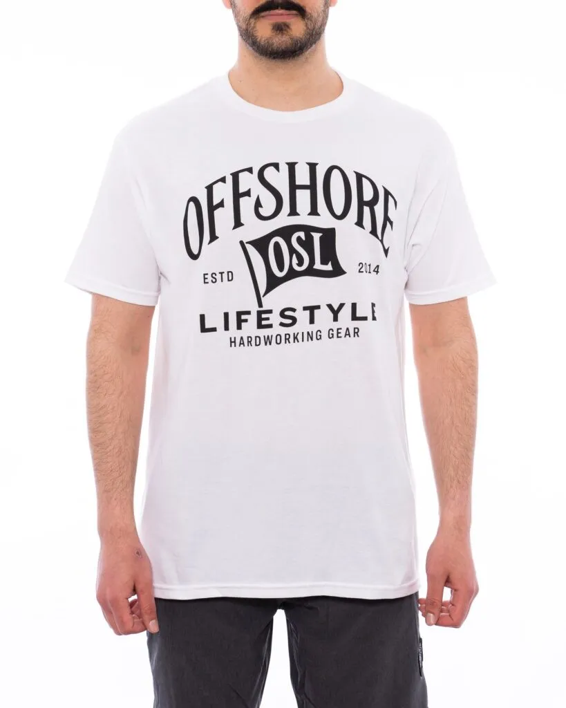 White Offshore Lifestyle t-shirt on a model, clean white background